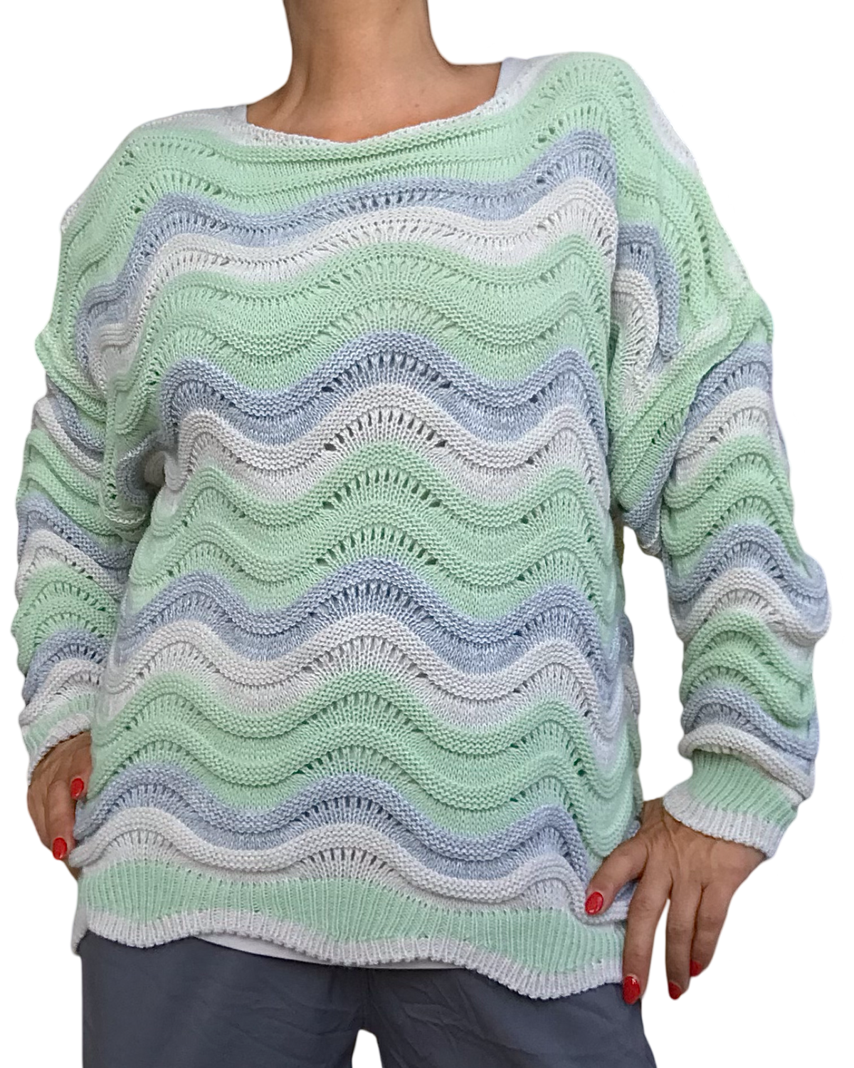 Chandail en tricot zig zag col rond beige, gris, et vert céleri