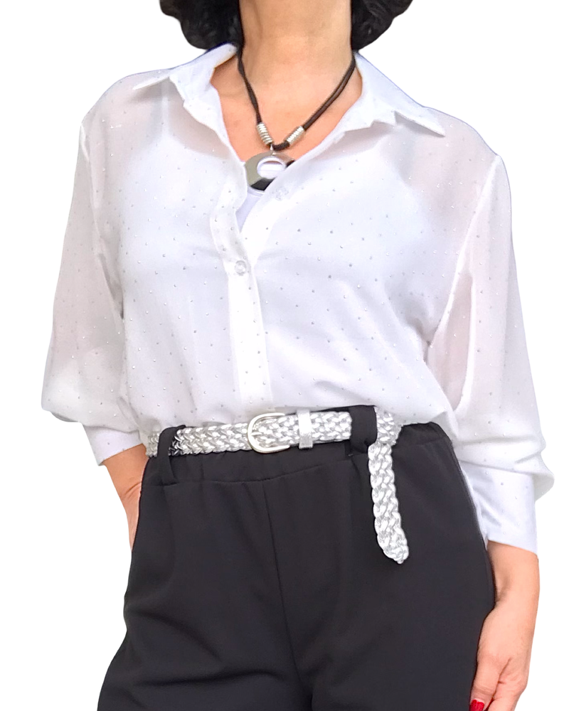 Chemise en voile garnie de petites pierres argentées à manche longue