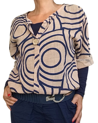 Blouse manche au coude avec cercle bleu marin et camel avec ceinture marine