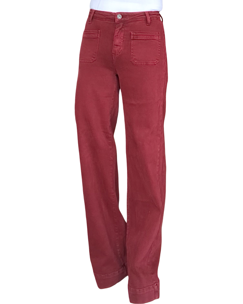 Pantalon droit rouge vin, poches appliquées, 32 pouces de jambe