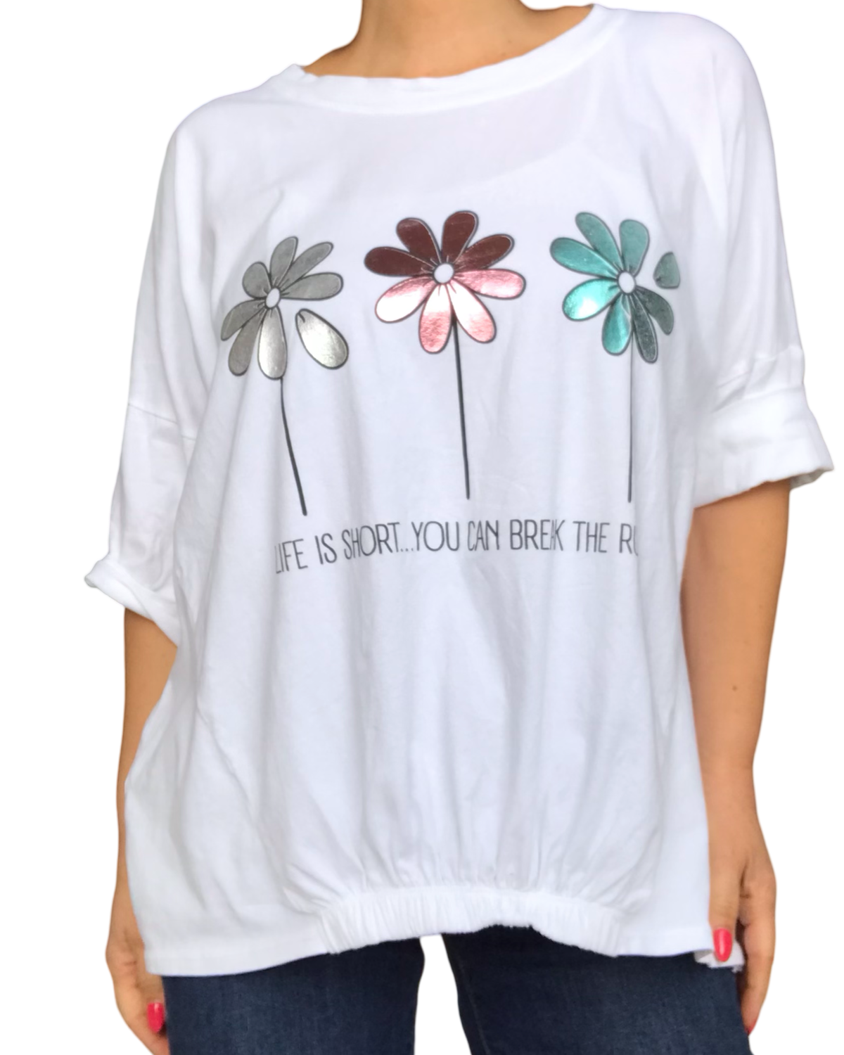 T-shirt blanc avec imprimé de trois fleurs métalisées