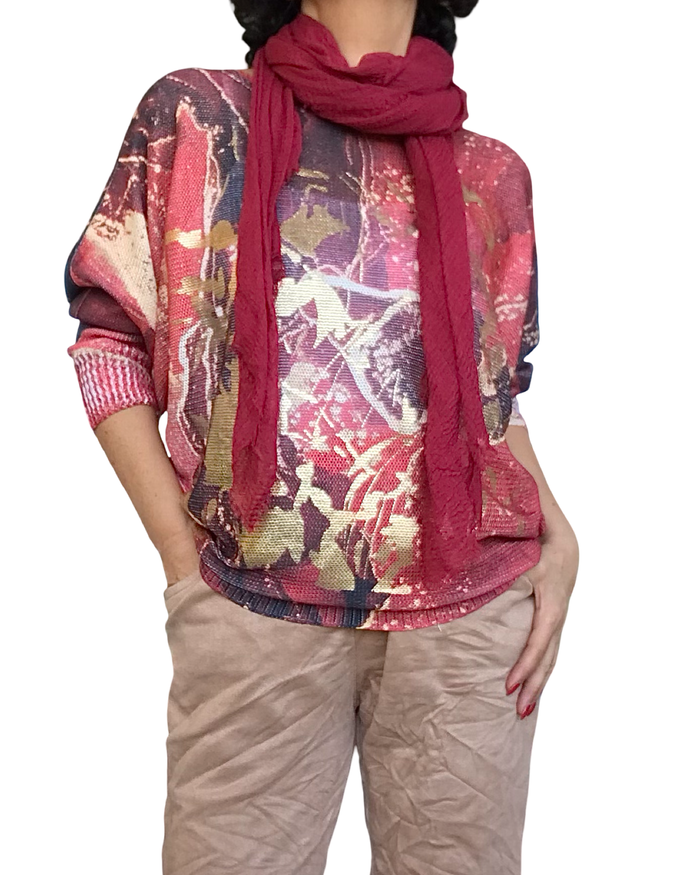 Chandail en tricot léger rouge, bourgogne et beige imprimé abstrait