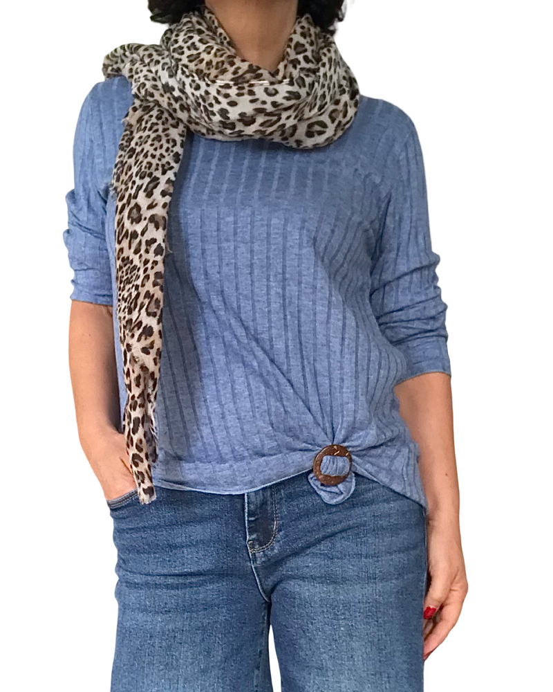 Chandail uni bleu jeans en rib col en V manche longue