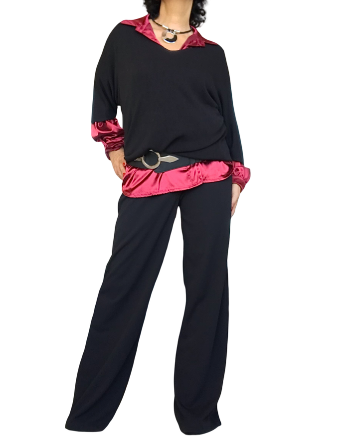 Pantalon droit noir avec un ruban noir comme ceinture, taille élastique