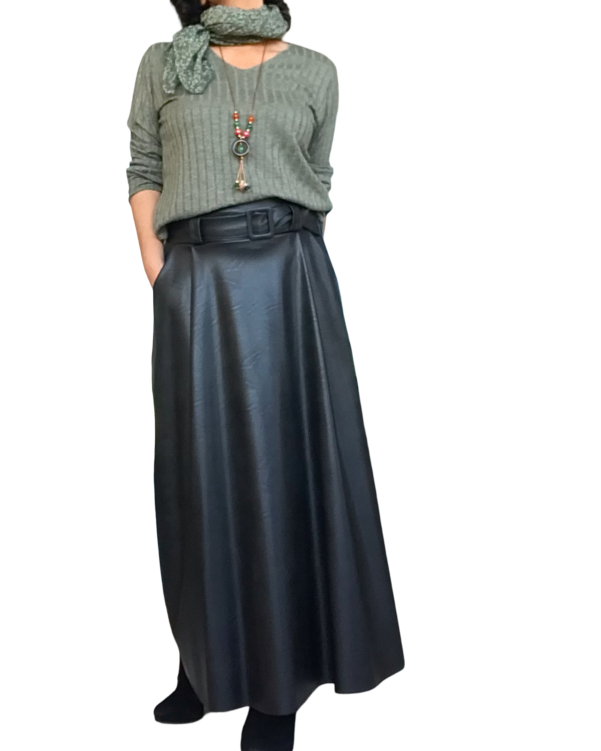 Jupe longue noir cuir vegan, coupe ligne A