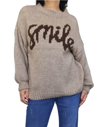 Chandail uni en gros tricot beige « SMILE »