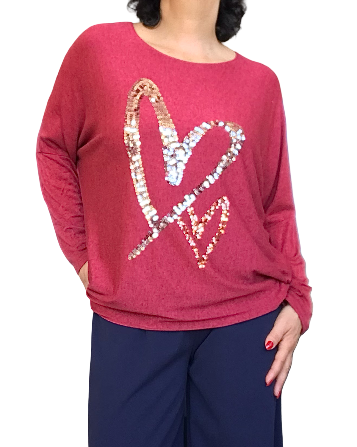 Chandail en tricot léger rouge avec cœur en paillettes argent et rouge(Livraison 27 novembre)