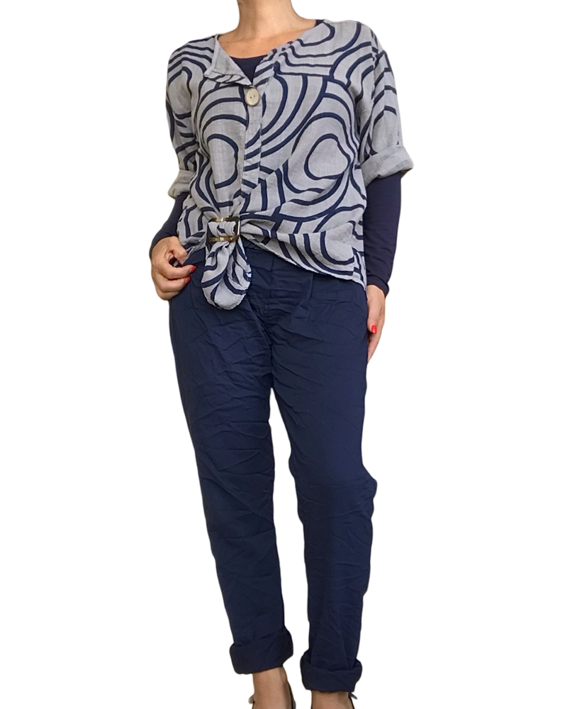 Blouse manche au coude avec cercle bleu marin et moka avec pantalon marine