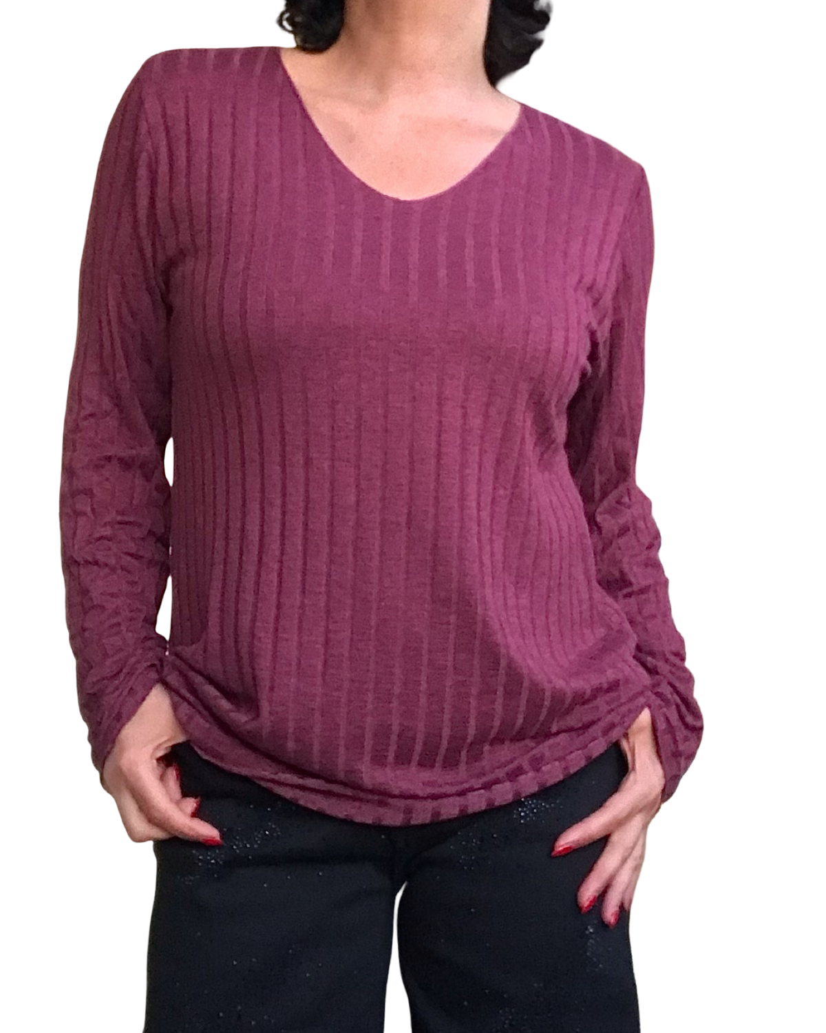 Chandail uni bourgogne en rib col en V manche longue