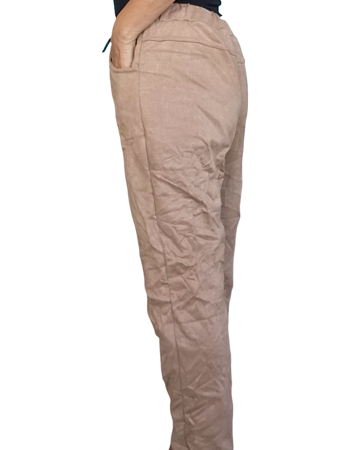 Pantalon camel en ultra suède à taille élastique avec cordon noir