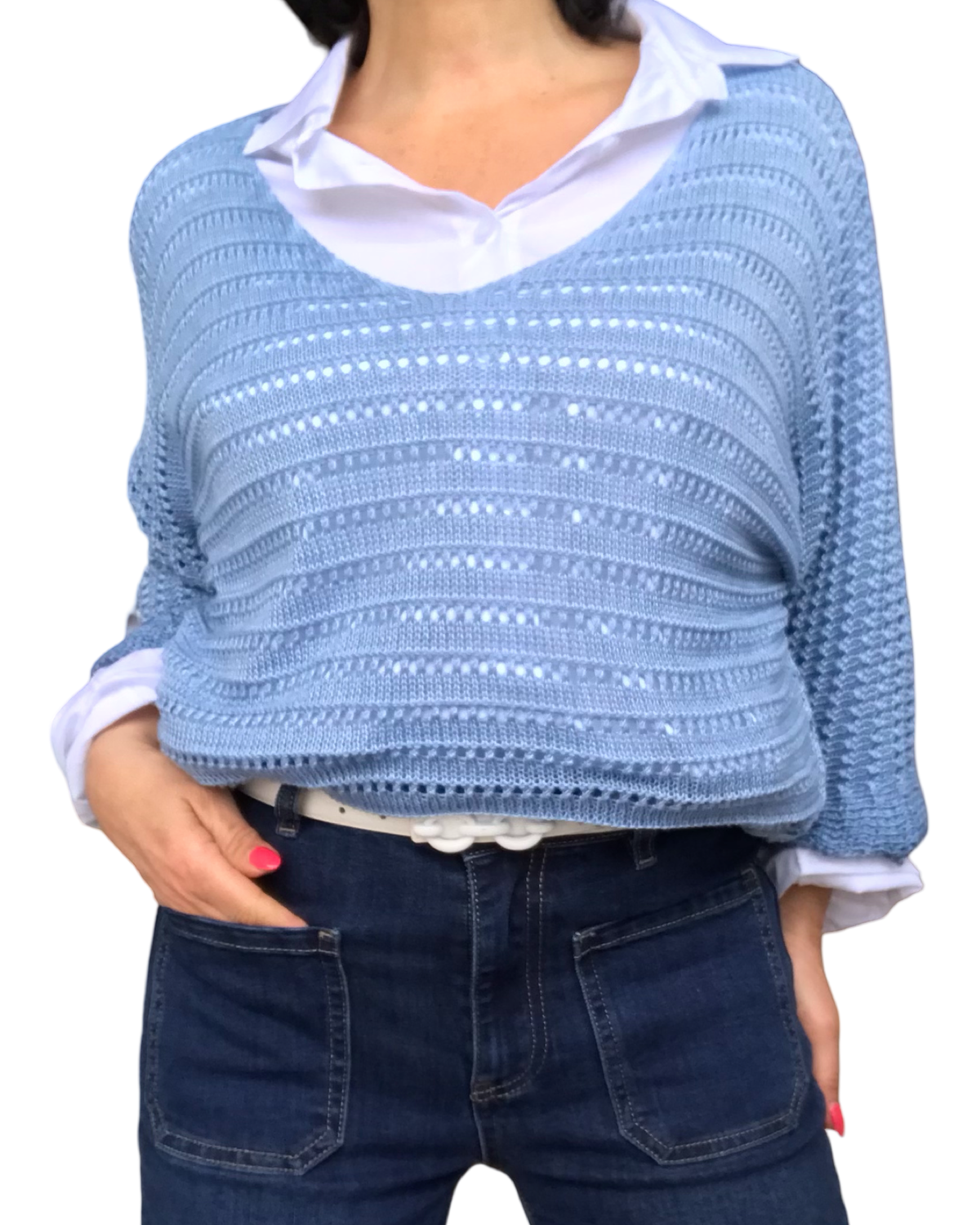 Chandail de tricot uni col en V manche courte en pointelle bleu avec chemise blanche