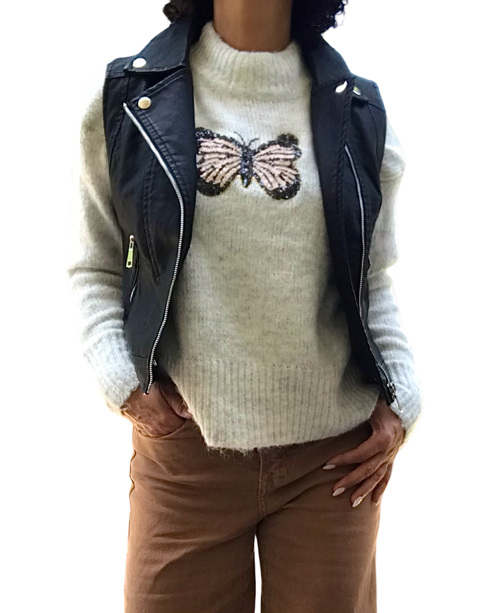 Veste en similicuir noire, sans manche style perfecto (livraison 10 septembre)