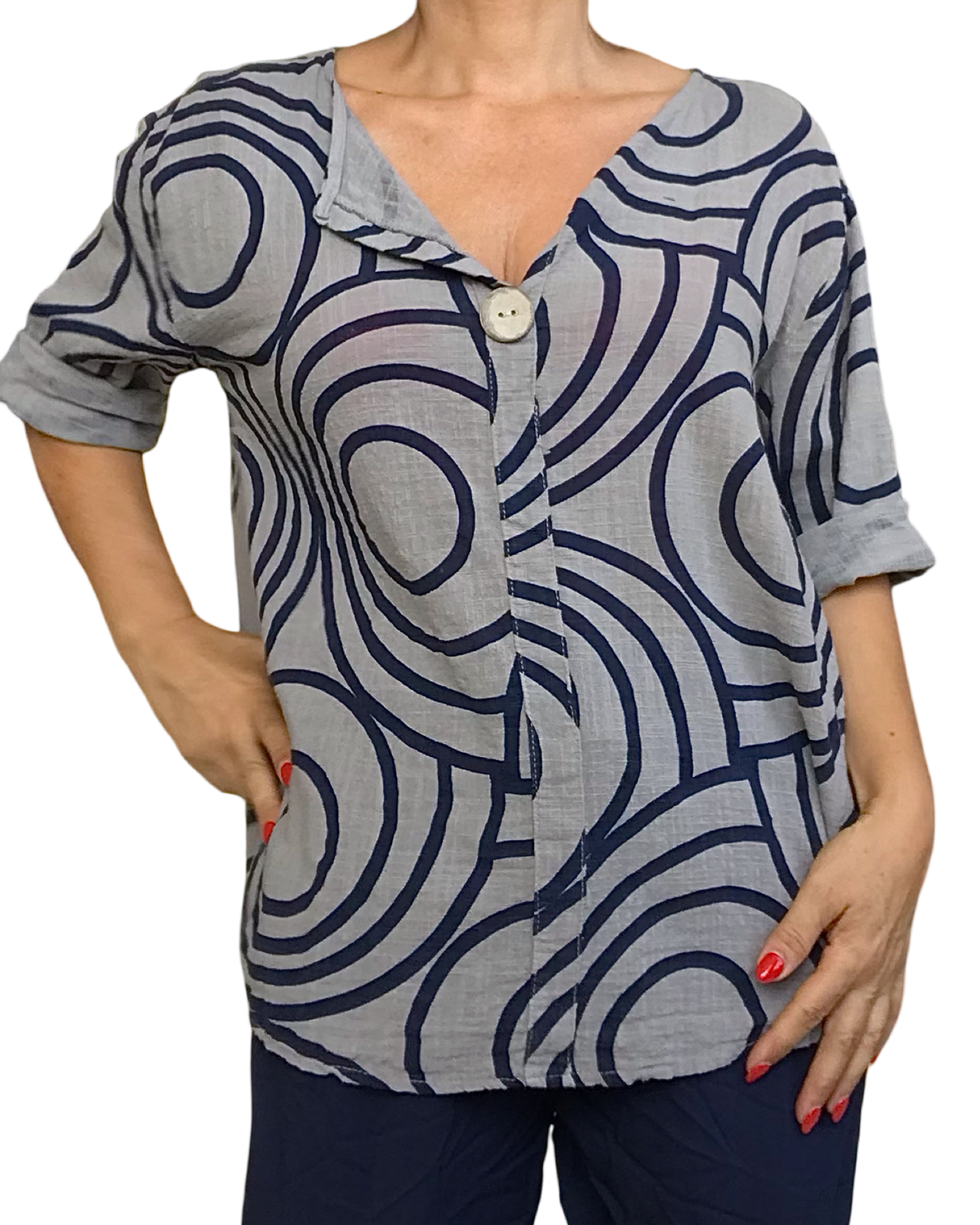 Blouse manche au coude avec cercle bleu marin et moka