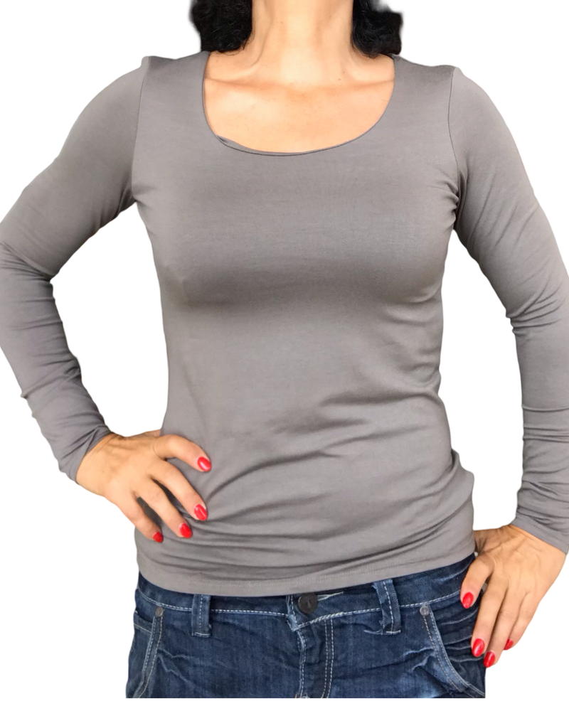 T-shirt uni S/M manche longue col en U taupe