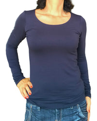 T-shirt uni S/M manche longue col en U bleu marin