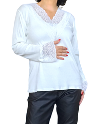 T-shirt blanc uni, manche longue, col en V en dentelle et bas des manches en dentelle