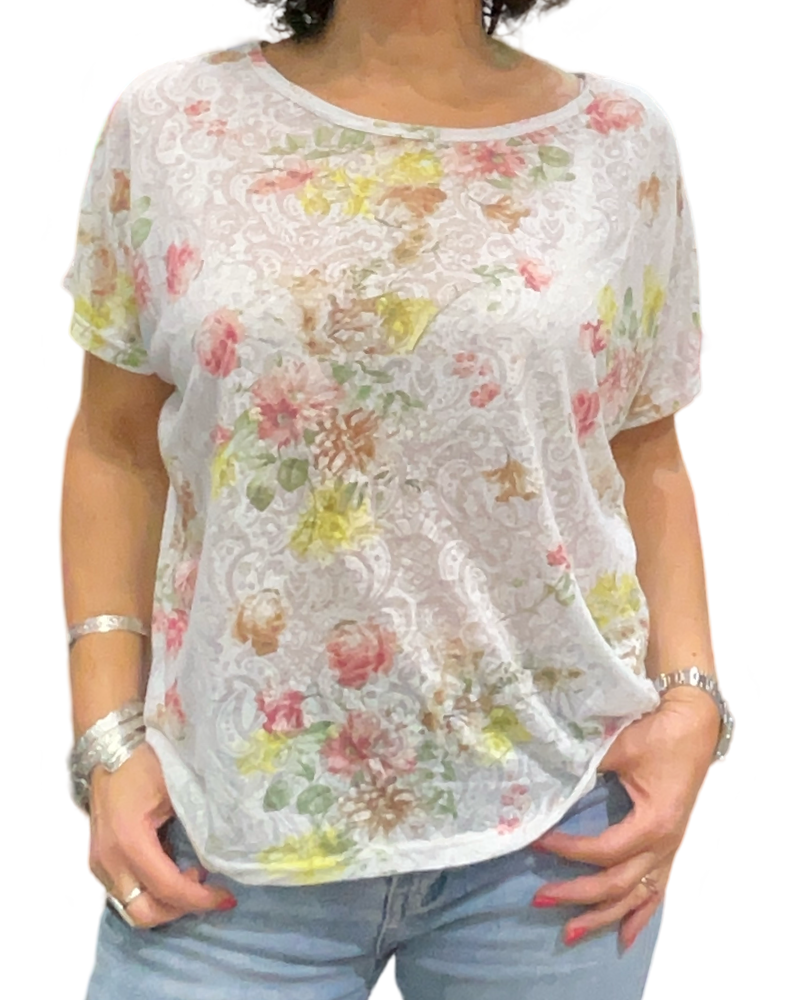 T-shirt fleuri en burnt out col en rond