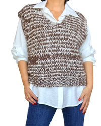 Débardeur en tricot col en V chiné brun et crème