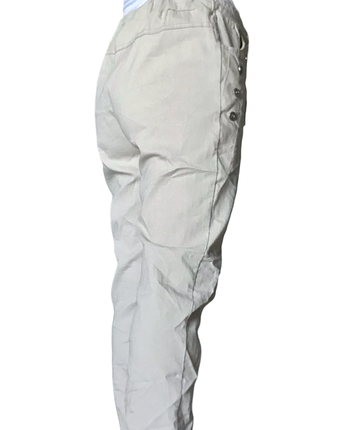 Pantalon beige à taille élastique avec cordon et boutons décoratifs
