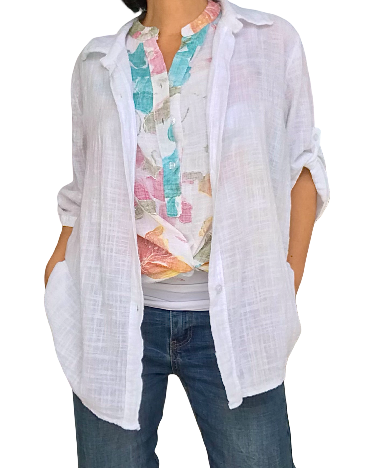 Chemise blanche 3/4 en coton-lin chic