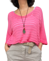 Chandail de tricot uni col en V manche courte en pointelle corail avec collier