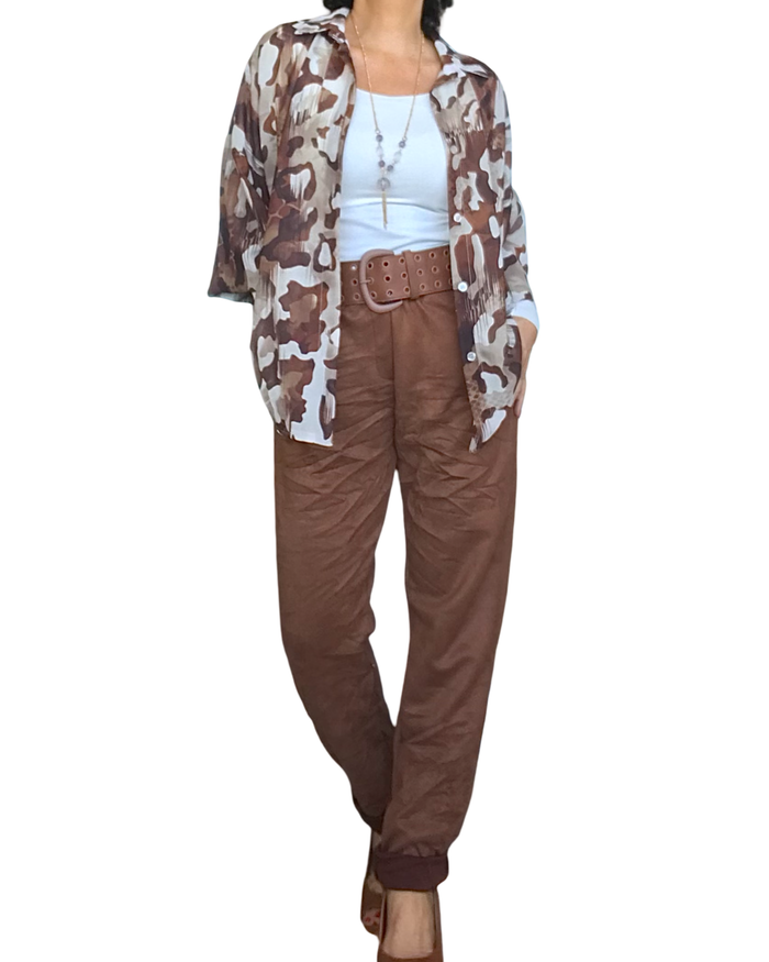 Pantalon noisette en ultra suède à taille élastique avec cordon noir