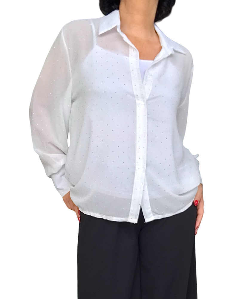 Chemise en voile garnie de petites pierres argentées à manche longue