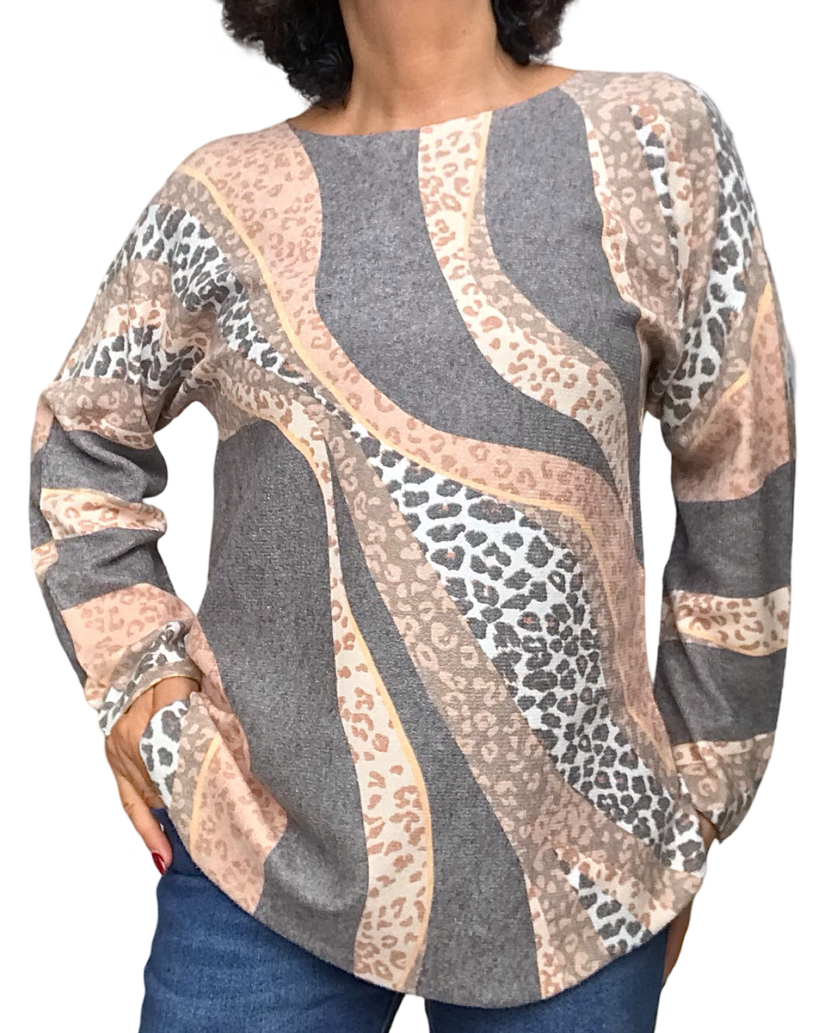 Chandail tricot col rond print animal charcoal, camel et beige