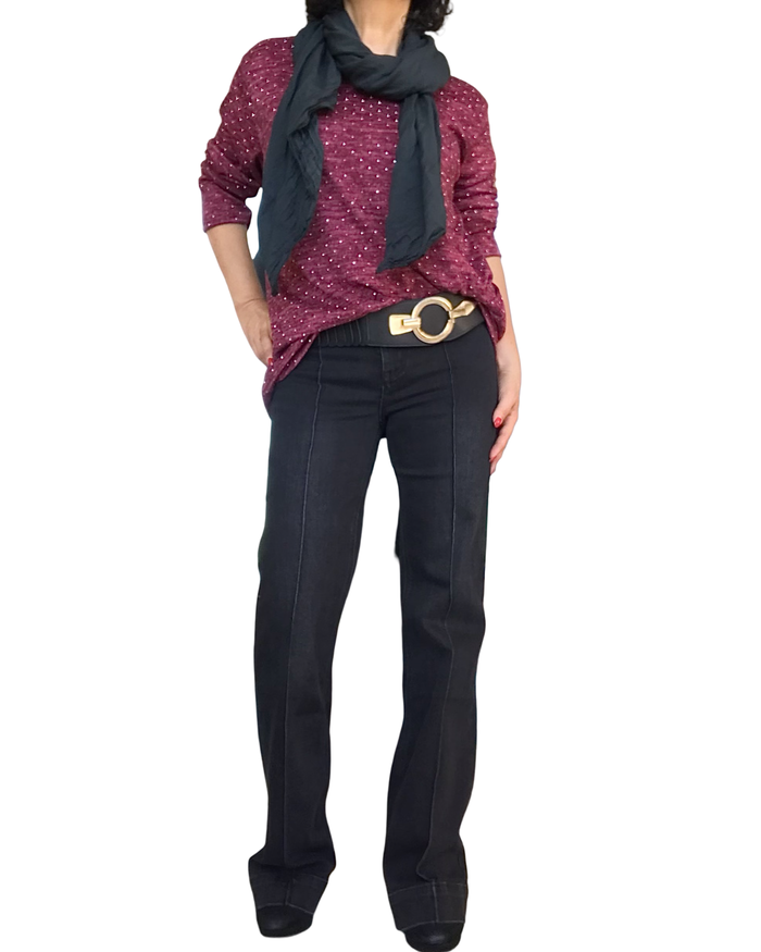 Chandail chiné bourgogne et vieux rose garni de petites pierres argentées