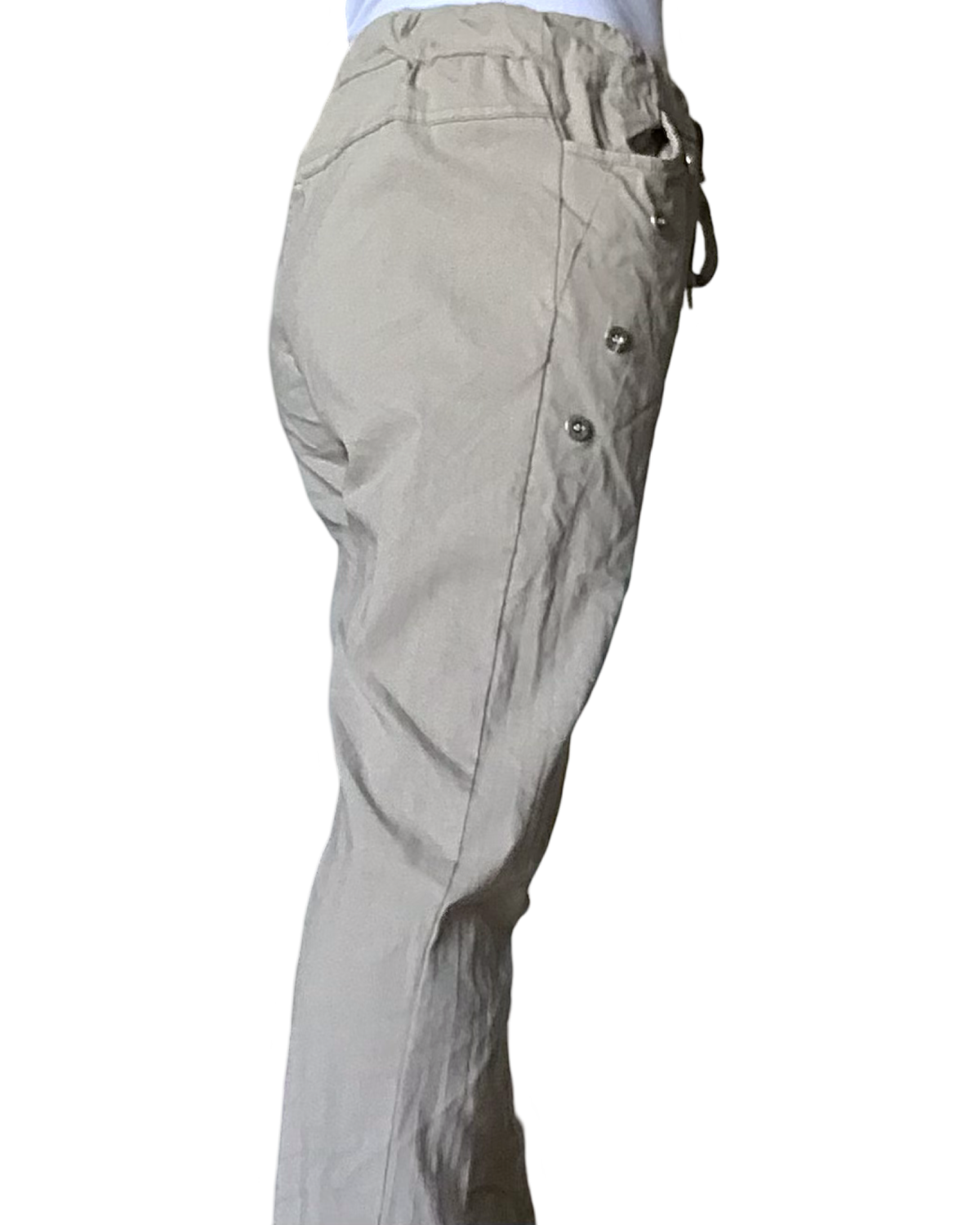 Pantalon moka à taille élastique avec cordon et boutons décoratifs