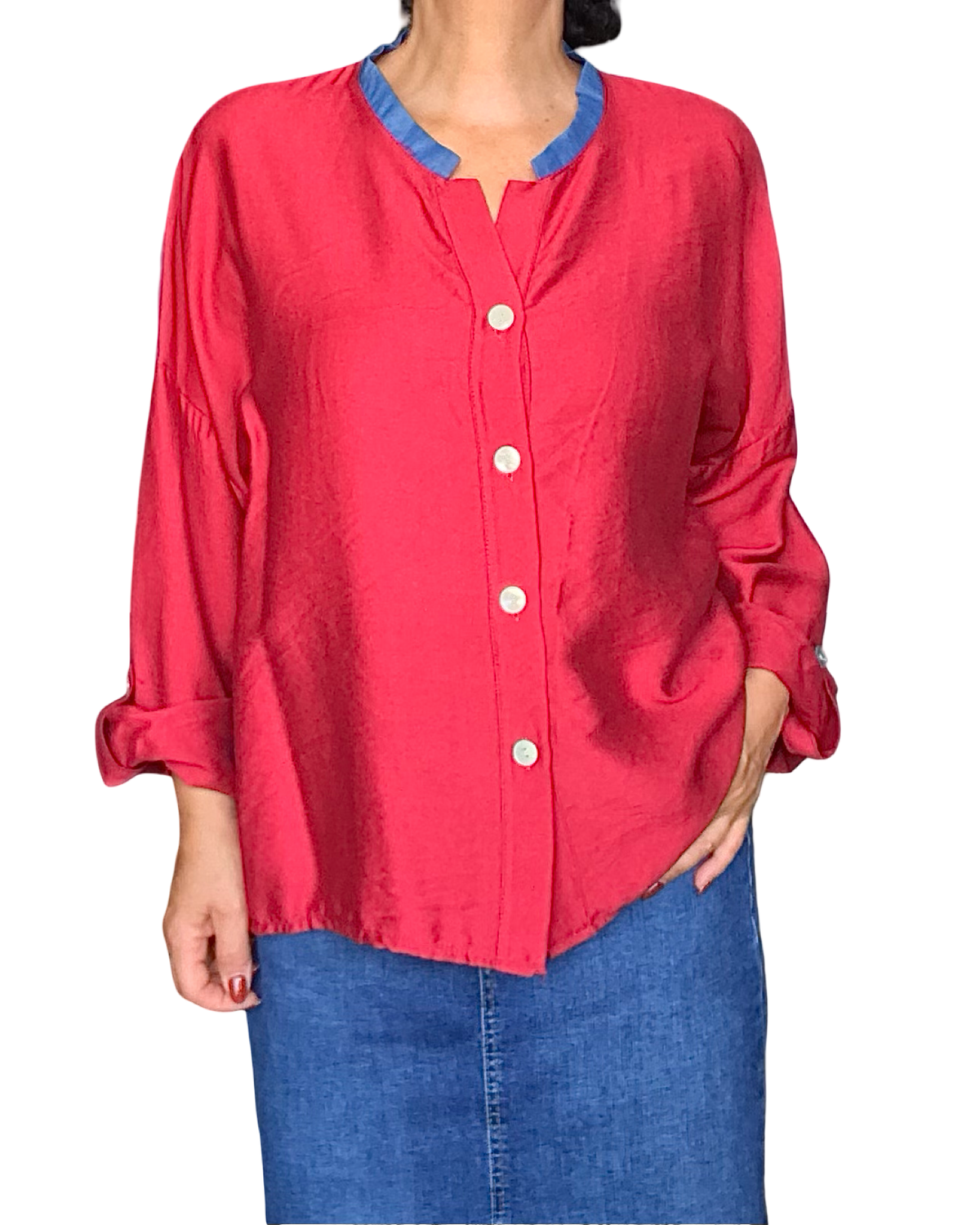 Chemise col Mao, 2 couleurs rouge et jeans à manche longue