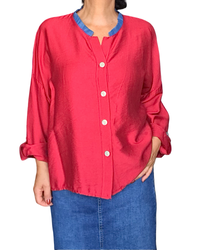 Chemise col Mao, 2 couleurs rouge et jeans à manche longue