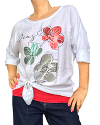 Chandail col rond blanc avec 3 fleurs métallisées avec camisole gainante rouge