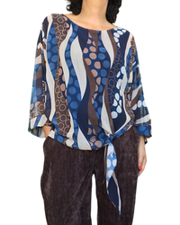 Blouse manches 3/4 en voile imprimé rayures et cercles noué au bas