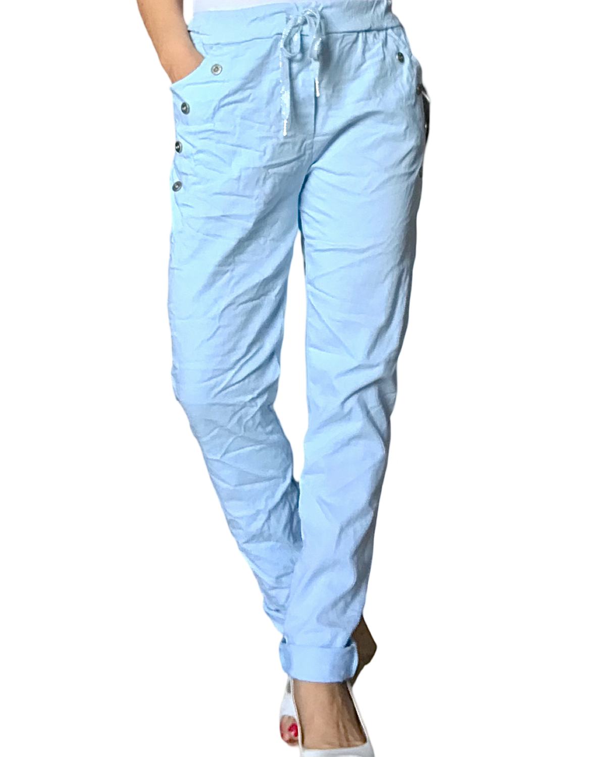Pantalon bleu ciel à taille élastique avec cordon et boutons décoratifs