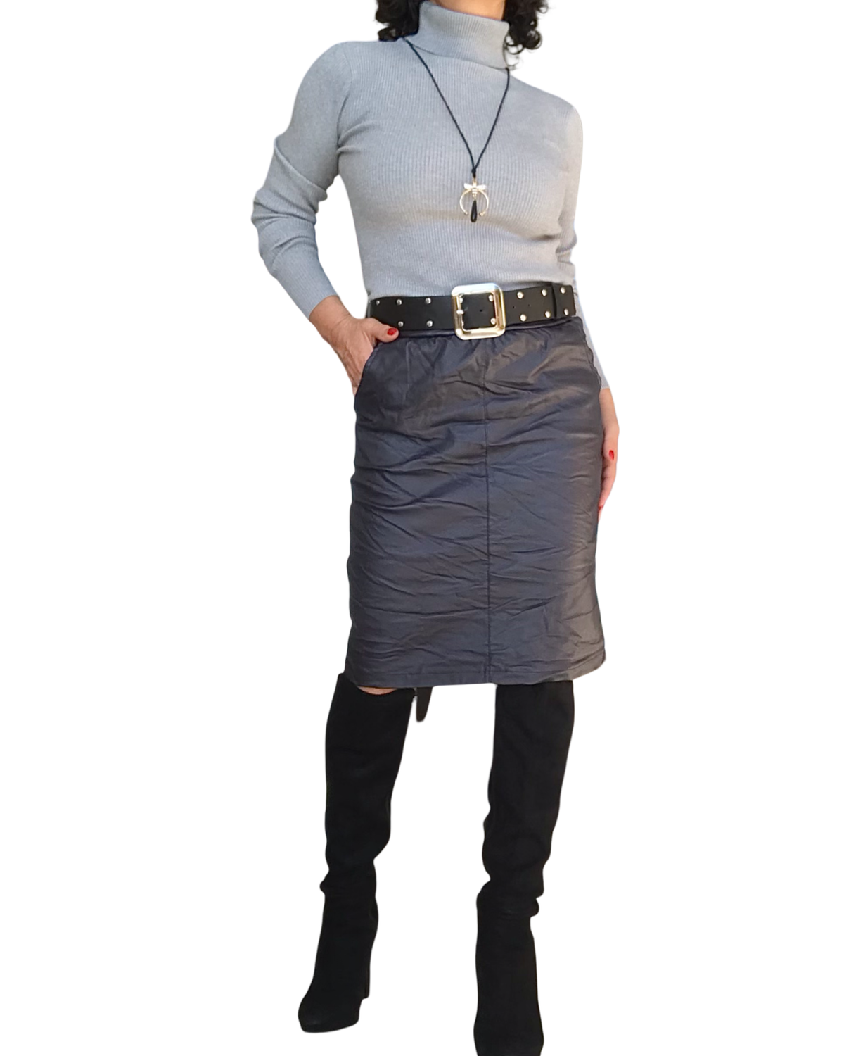 Chandail col roulé uni gris avec lurex argenté