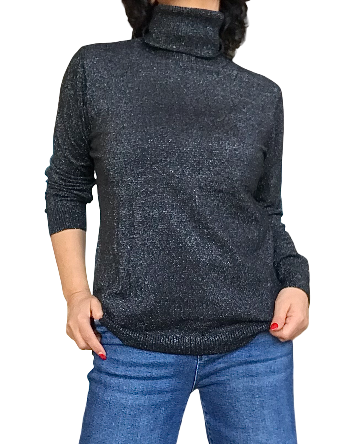 Chandail col roulé uni noir avec lurex argenté