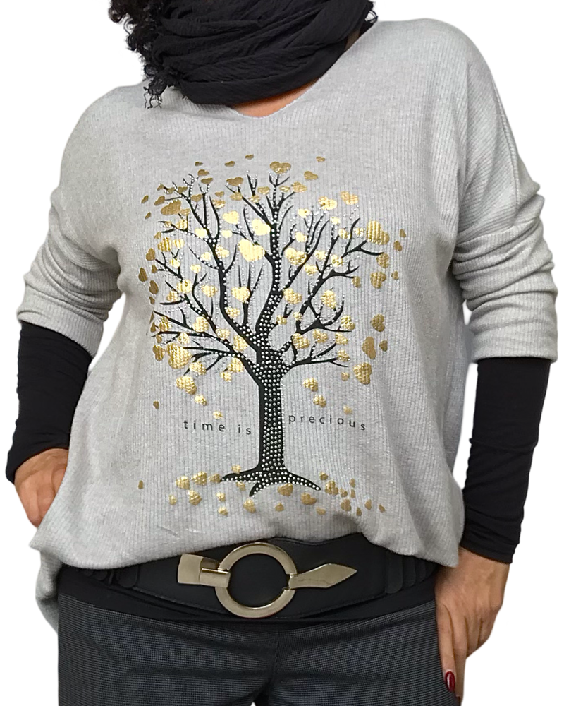 Chandail col en V en tricot léger arbre de vie argenté et doré avec ceinture élastique noire