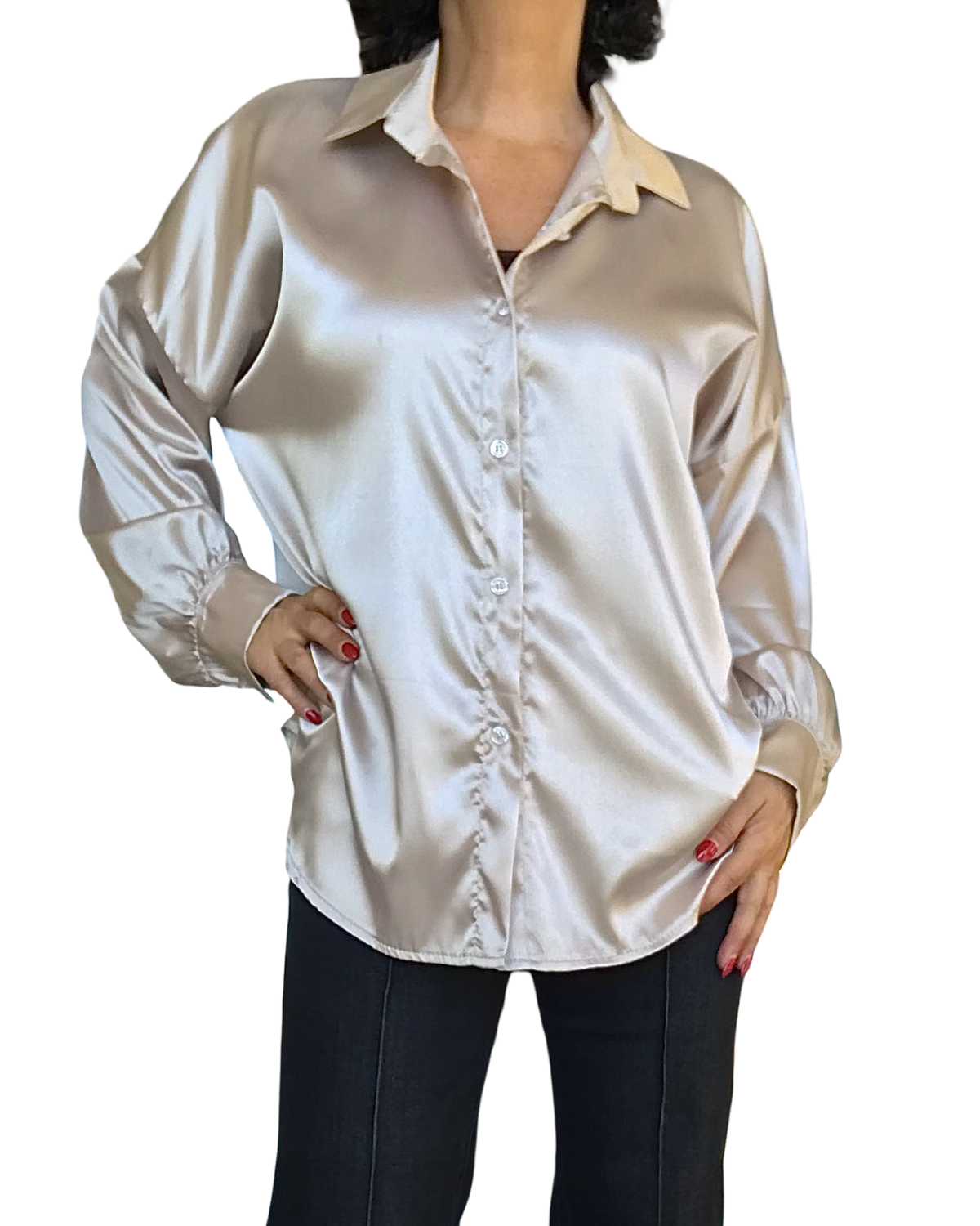 Chemise champagne en satin à manche longue