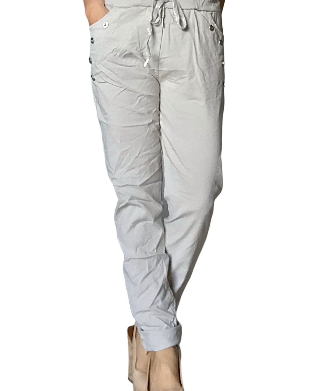 Pantalon beige à taille élastique avec cordon et boutons décoratifs