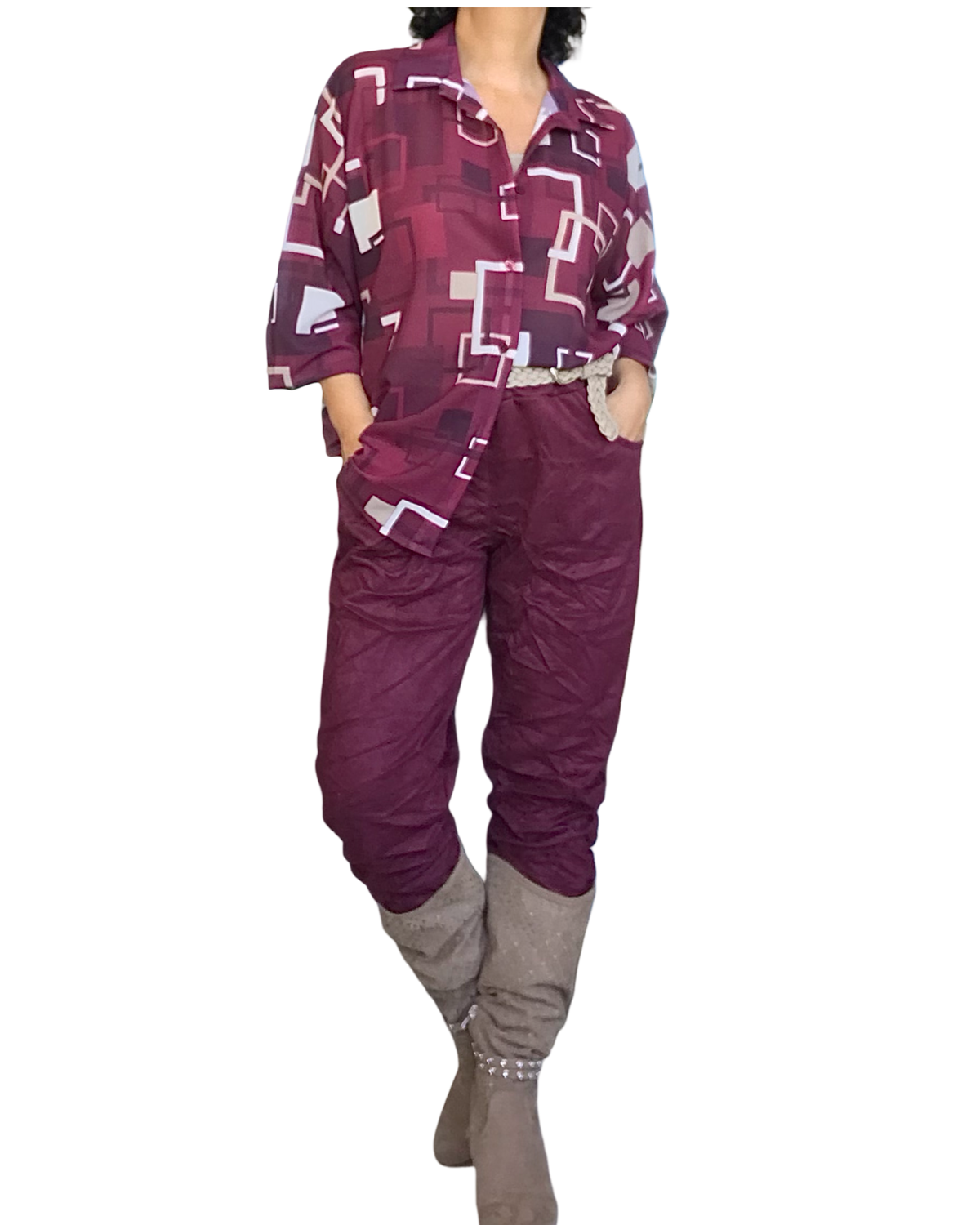 Chemise bourgogne à carreaux beige, crème et noir manche longue