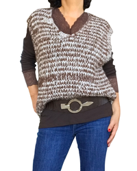 Débardeur en tricot col en V chiné brun et crème