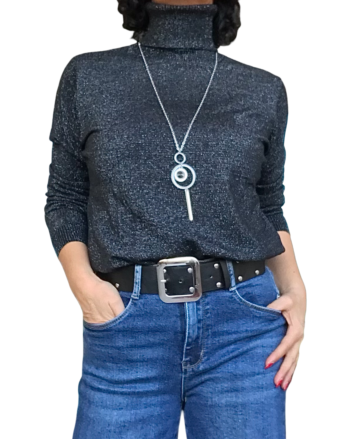 Chandail col roulé uni noir avec lurex argenté