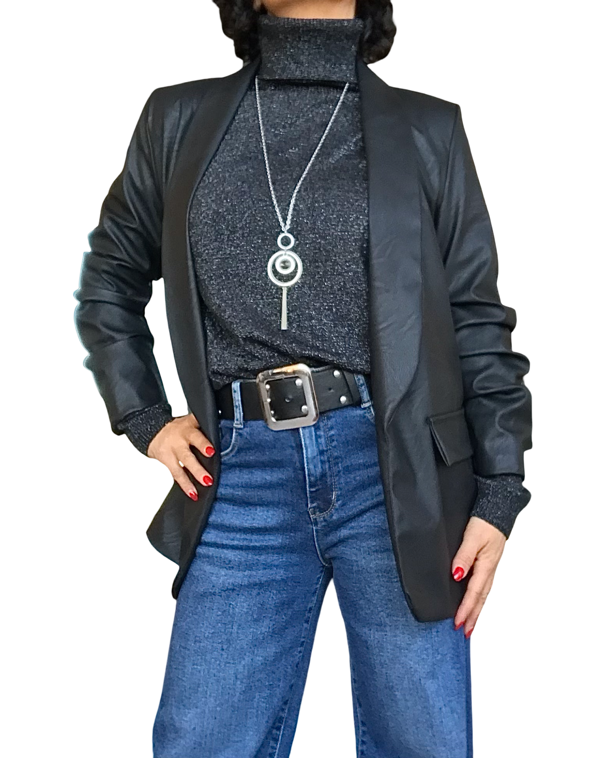 Chandail col roulé uni noir avec lurex argenté