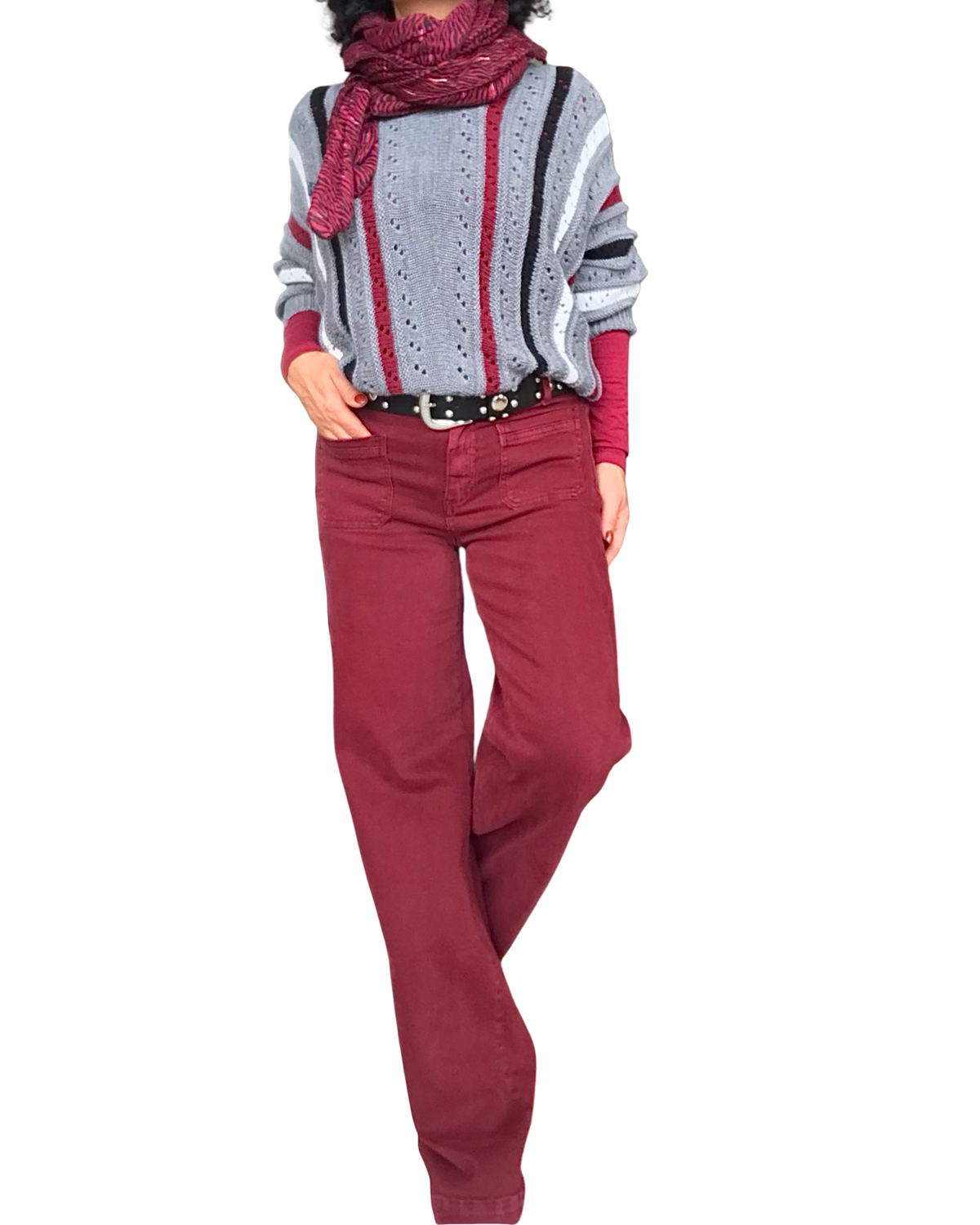 Pantalon droit rouge vin, poches appliquées, 32 pouces de jambe