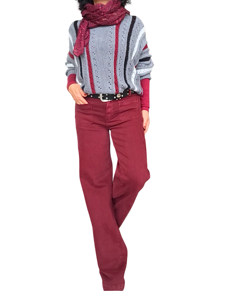 Pantalon droit rouge vin, poches appliquées, 32 pouces de jambe