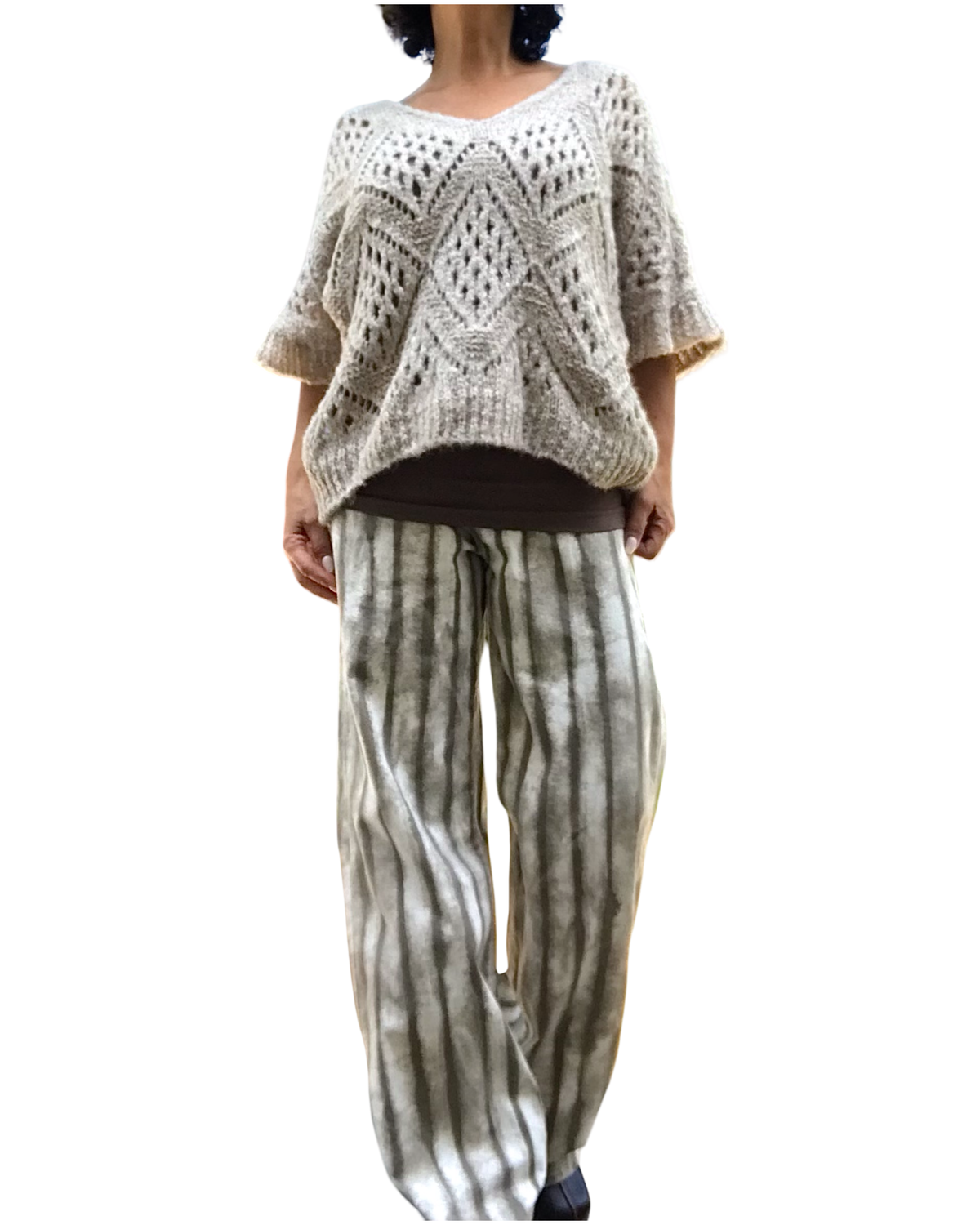 Pantalon rayé crème et moka jambe droite 32 pouces de jambe