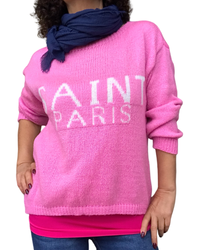 Chandail en tricot rose « Saint Paris » col rond avec foulard marine