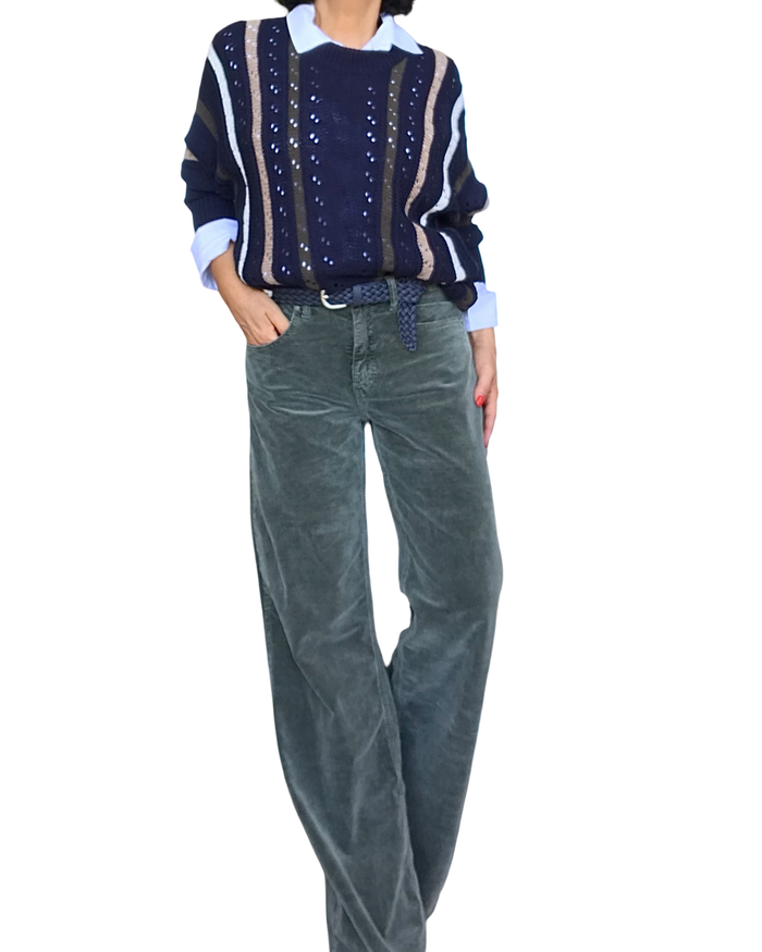 Chandail en tricot marine en pointel rayures verticales, manche longue