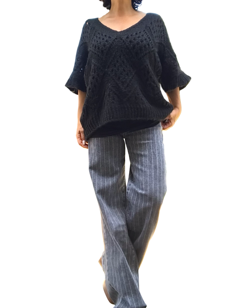 Jeans gris à rayures fine blanche jambe droite, 31 pouces de jambe